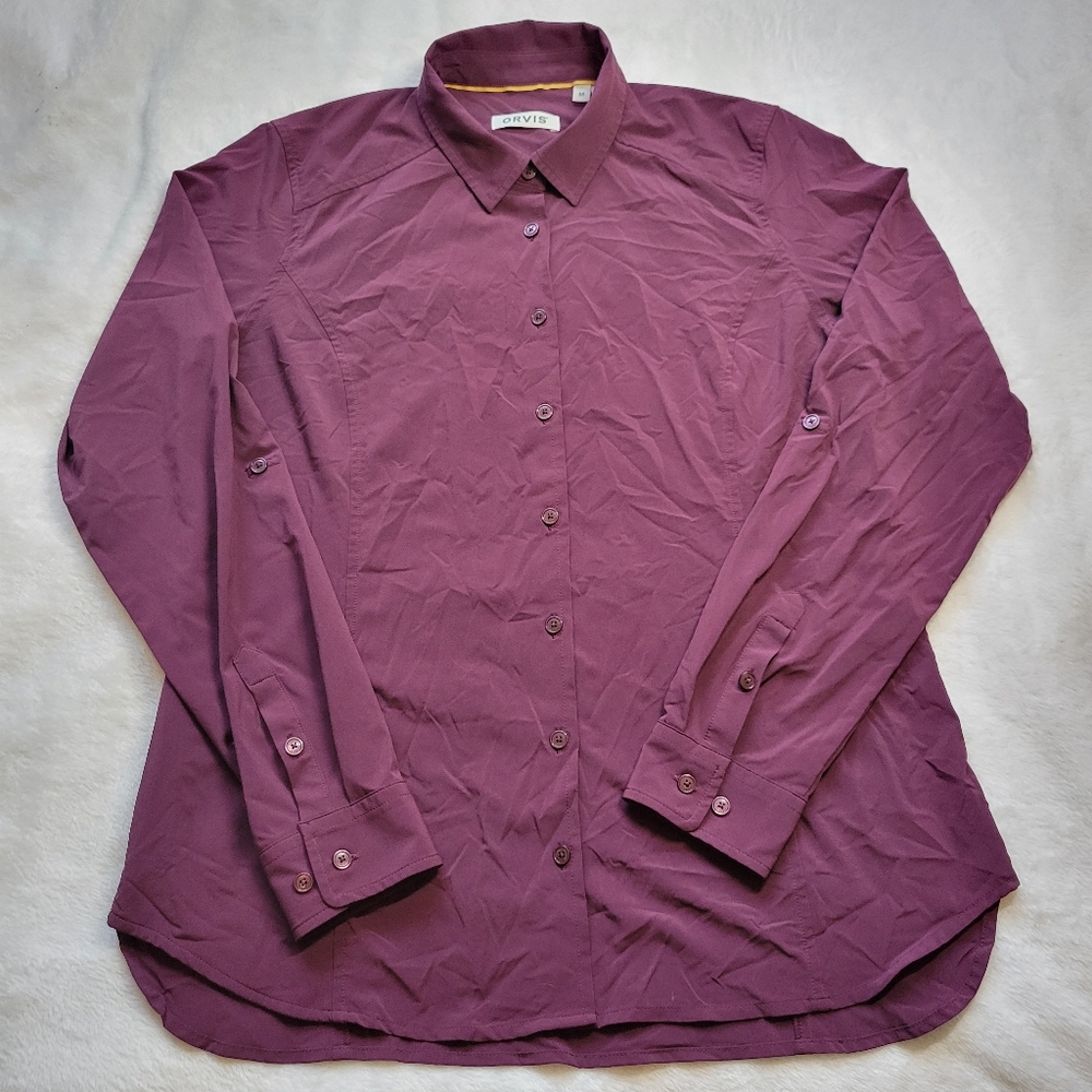Orvis Shirt Womens Medium Tech Outdoor Red Burgundy Long Sleeved  Chambray Work